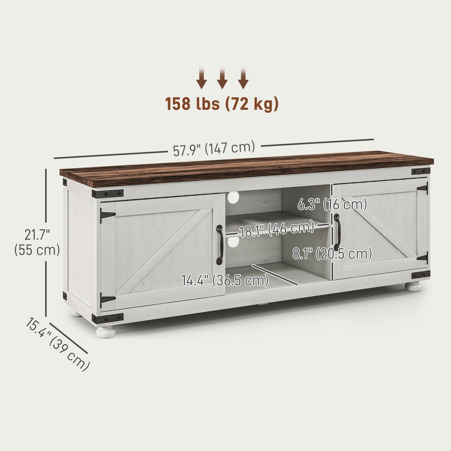 Image 929642_ALTMORE2.jpg, Product 929-642 / Price $229.99, HOMCOM Farmhouse TV Stand for up to 65" TV with Barn Doors Distressed White from HOMCOM on TSC.ca's Home & Garden department