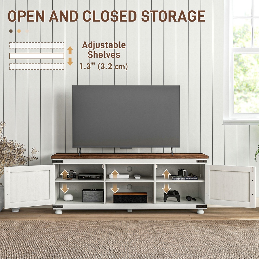 Image 929642_ALTMORE3.jpg, Product 929-642 / Price $229.99, HOMCOM Farmhouse TV Stand for up to 65" TV with Barn Doors Distressed White from HOMCOM on TSC.ca's Home & Garden department
