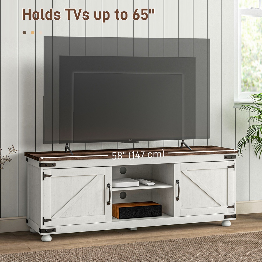 Image 929642_ALTMORE5.jpg, Product 929-642 / Price $229.99, HOMCOM Farmhouse TV Stand for up to 65" TV with Barn Doors Distressed White from HOMCOM on TSC.ca's Home & Garden department