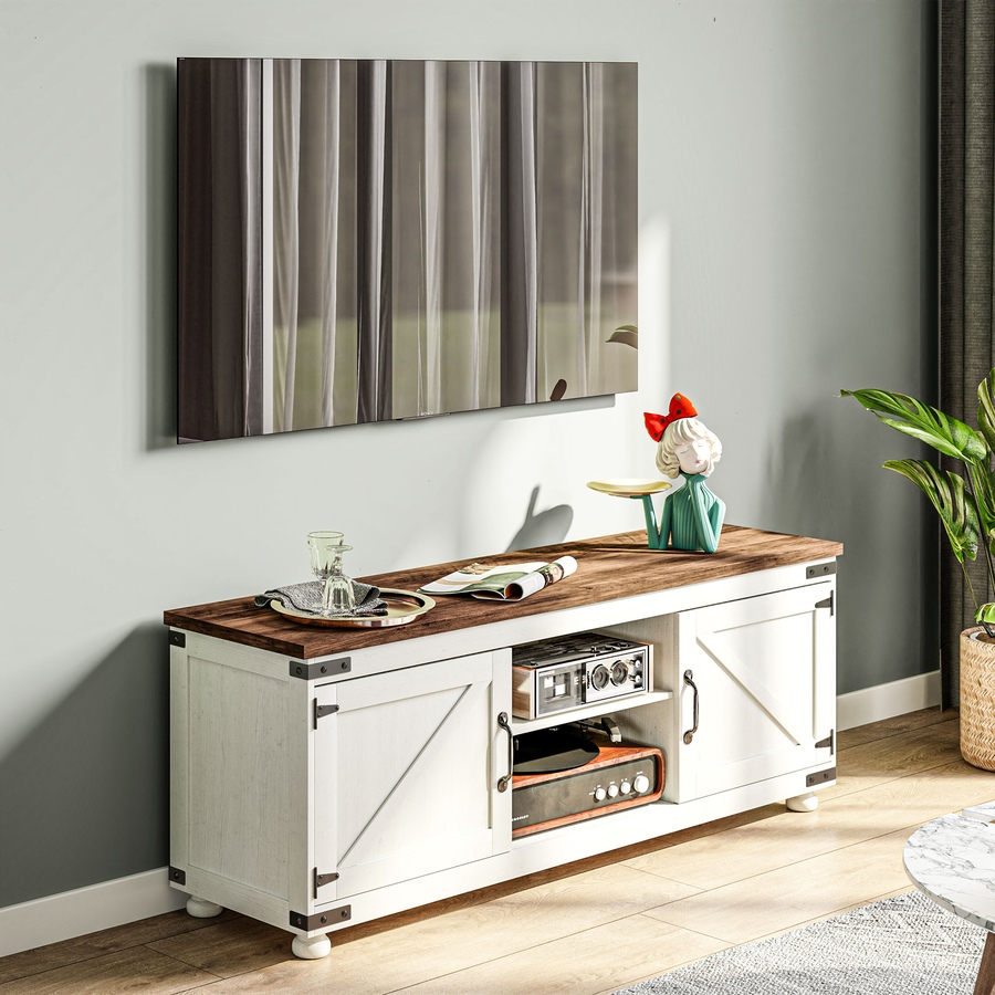 Image 929642_ALTMORE7.jpg, Product 929-642 / Price $229.99, HOMCOM Farmhouse TV Stand for up to 65" TV with Barn Doors Distressed White from HOMCOM on TSC.ca's Home & Garden department