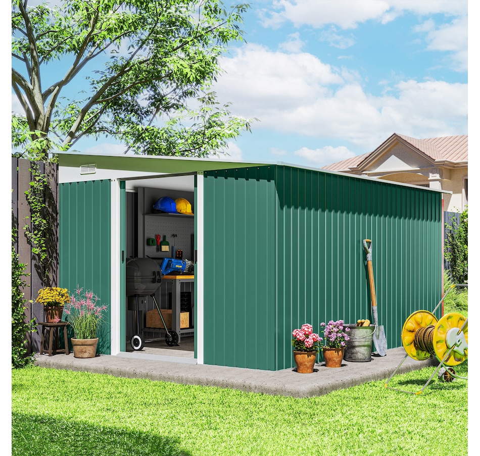 Image 929743_ALTMORE1.jpg, Product 929-743 / Price $609.99, Outsunny 11' x 9' Steel Garden Storage Shed, Outdoor Metal Tool House from Outsunny on TSC.ca's Home & Garden department