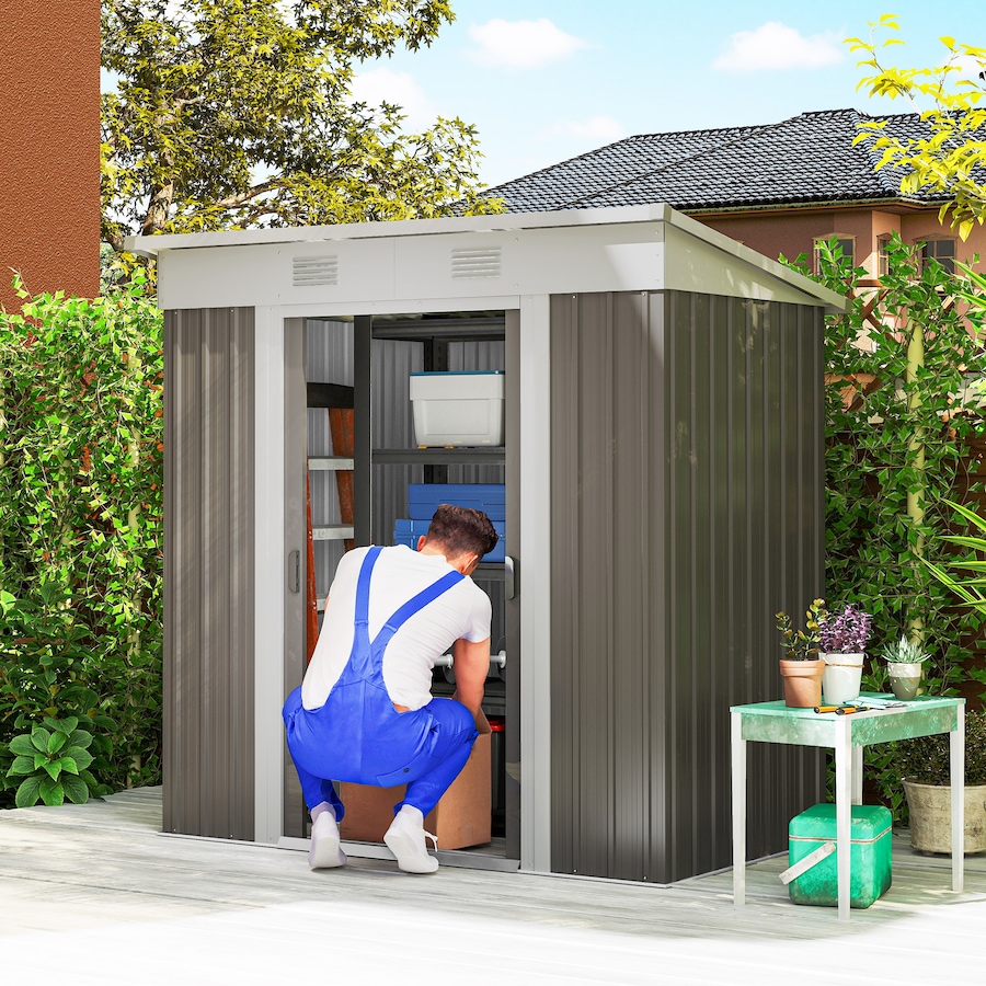 Image 929794_ALTMORE1.jpg, Product 929-794 / Price $249.99, Outsunny 5.7' x 3.6' Metal Outdoor Storage Shed w/ Sliding Doors Light Grey from Outsunny on TSC.ca's Home & Garden department