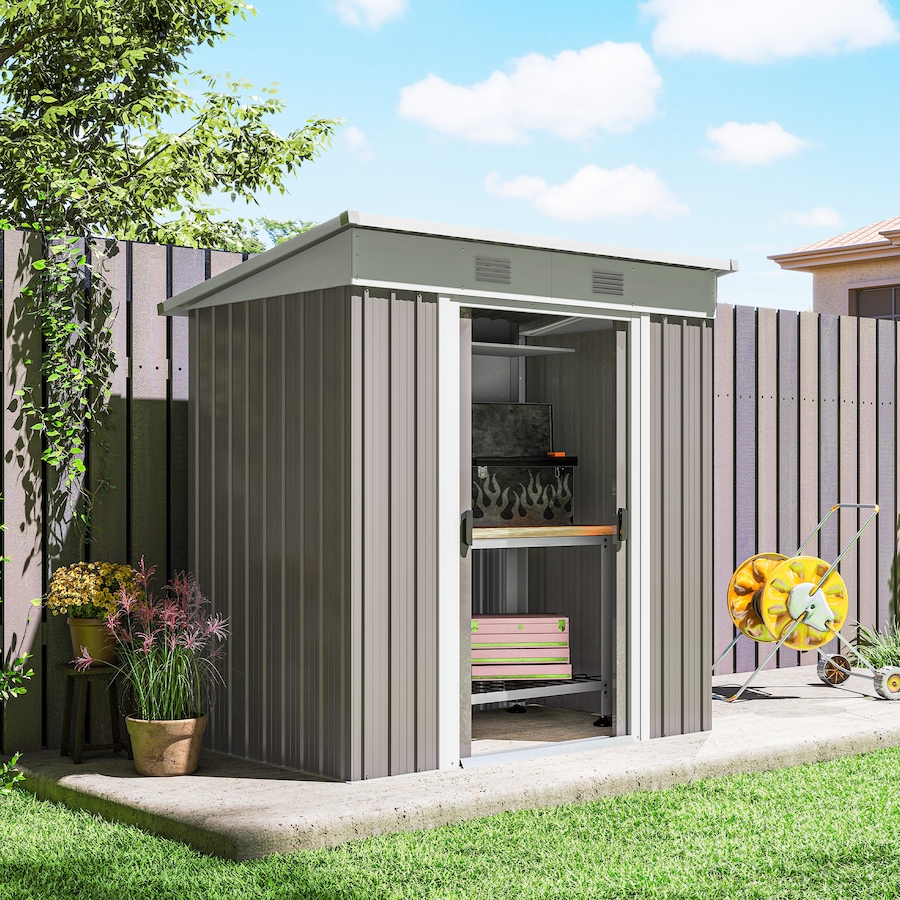 Image 929794_ALTMORE7.jpg, Product 929-794 / Price $249.99, Outsunny 5.7' x 3.6' Metal Outdoor Storage Shed w/ Sliding Doors Light Grey from Outsunny on TSC.ca's Home & Garden department