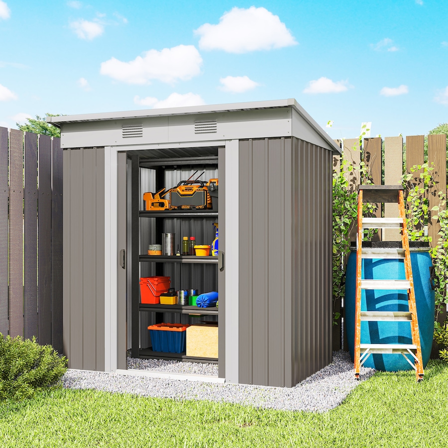 Image 929794_ALTMORE8.jpg, Product 929-794 / Price $249.99, Outsunny 5.7' x 3.6' Metal Outdoor Storage Shed w/ Sliding Doors Light Grey from Outsunny on TSC.ca's Home & Garden department
