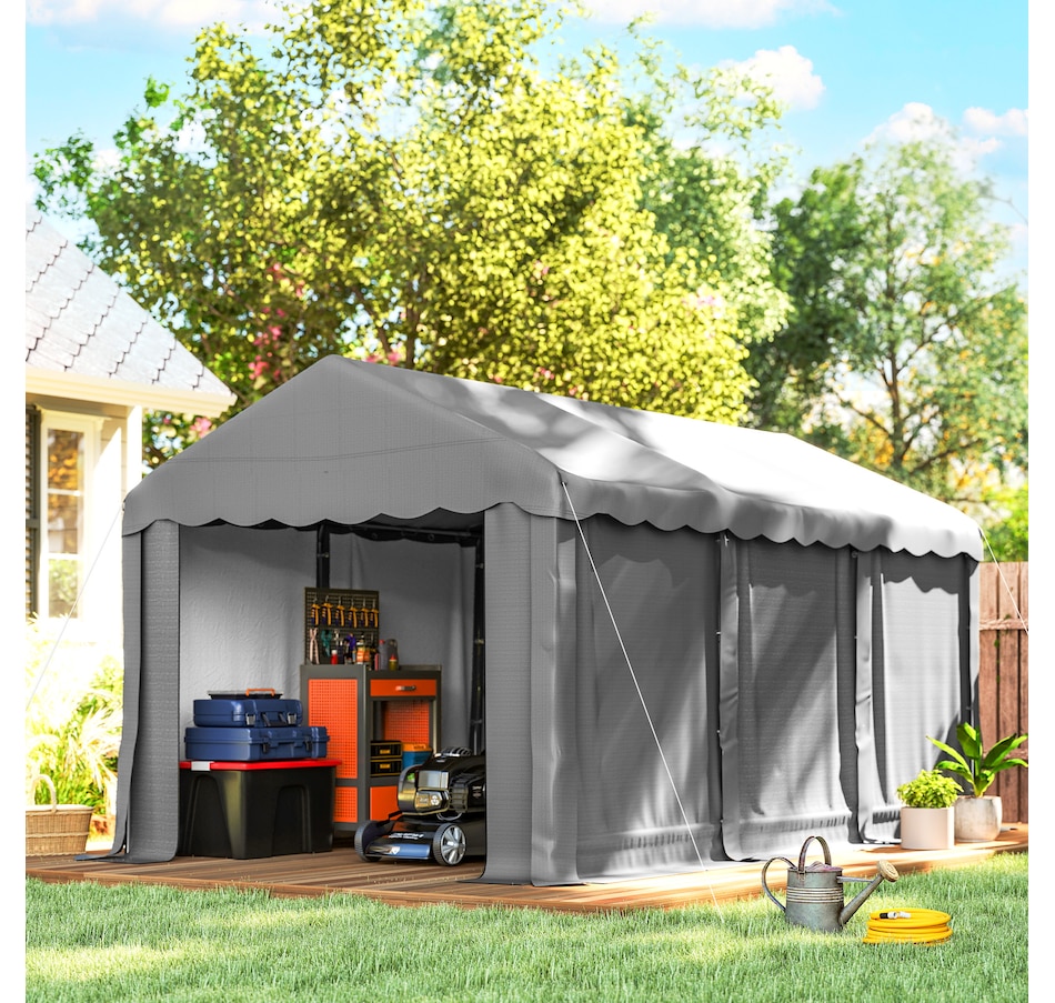 Image 931032_ALTMORE1.jpg, Product 931-032 / Price $249.99, Outsunny 20' x 10' Outdoor Storage Shed Tent with Roll-up Door, Light Grey from Outsunny on TSC.ca's Home & Garden department