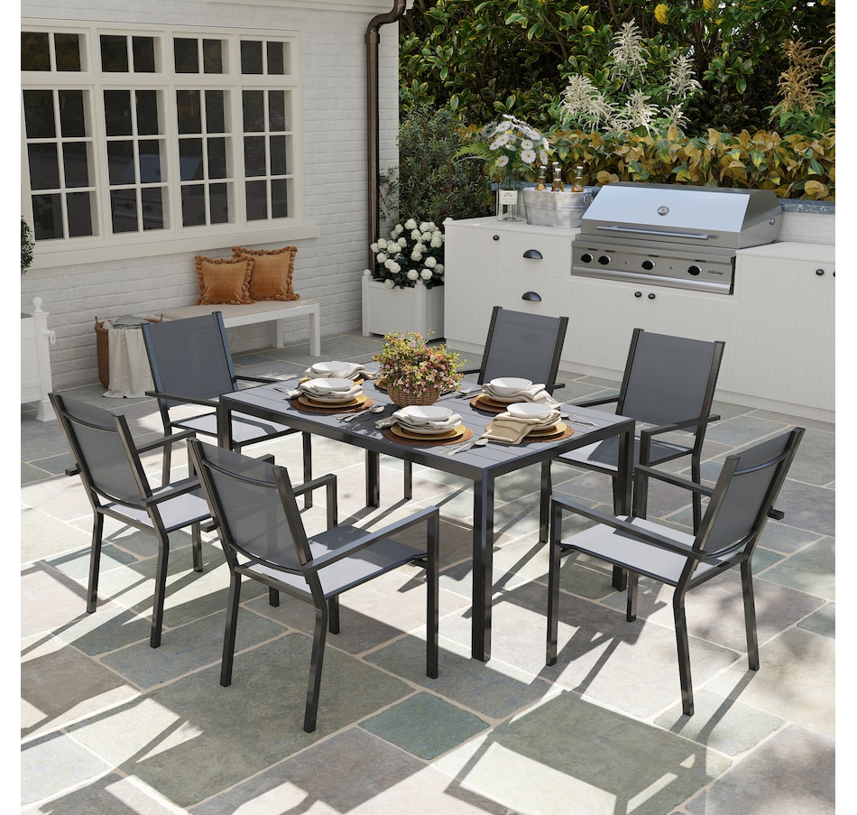 Image 931041_ALTMORE1.jpg, Product 931-041 / Price $439.99, Outsunny 7 Piece Outdoor Dining Set w/ 6 Stackable Chairs & Rectangle Table from Outsunny on TSC.ca's Home & Garden department