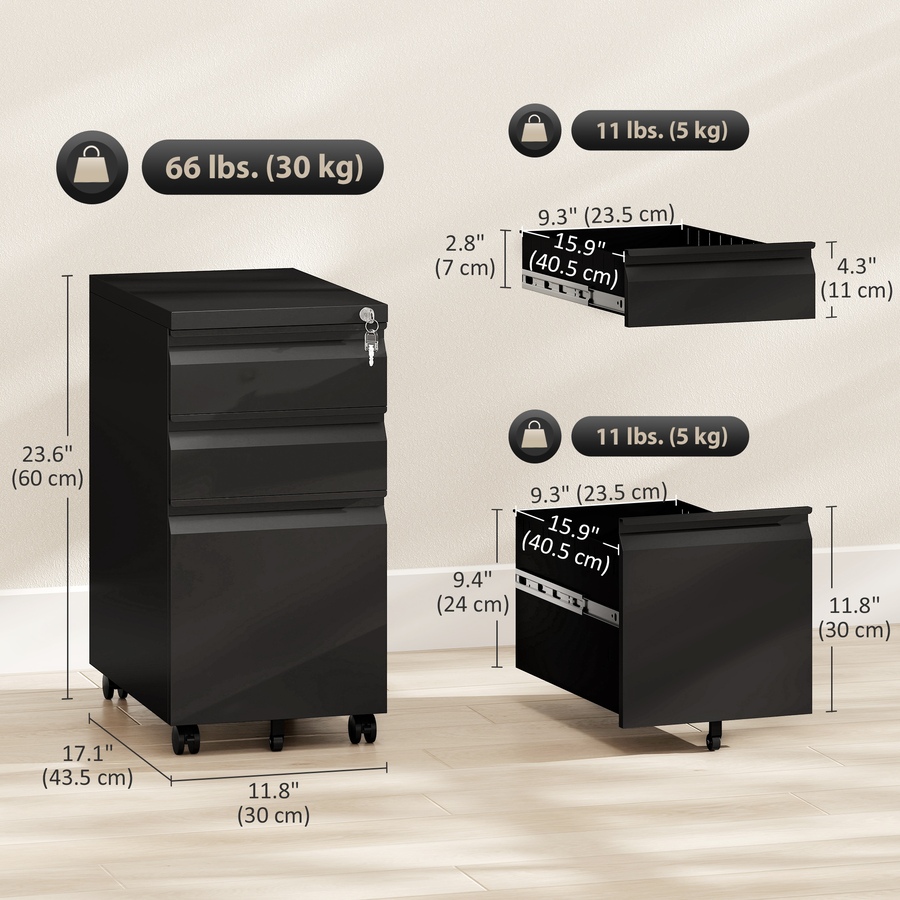 Image 931055_ALTMORE2.jpg, Product 931-055 / Price $175.09, Vinsett 3 Drawer File Cabinet Steel Filing Cabinet A4 Legal Letter Black from Vinsetto on TSC.ca's Home & Garden department