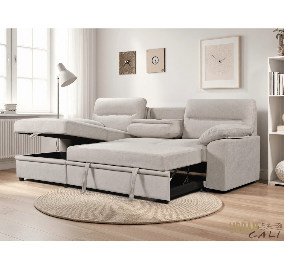 Image 931079_ST01.jpg, Product 931-079 / Price $1,779.99, Urban Cali Malibu 94.5" Wide Sleeper Sectional Sofa Bed with Pull Down Tray, Cupholders Wireless Charger and Storage Chaise from Urban Cali on TSC.ca's Home & Garden department
