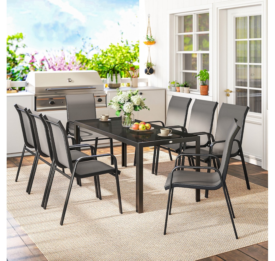 Image 931084_ALTMORE7.jpg, Product 931-084 / Price $469.99 - $499.99, Outsunny 9PCS Patio Dining Set Patio Table and Stackable Chairs from Outsunny on TSC.ca's Home & Garden department