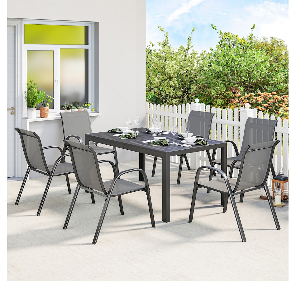 Image 931113_ALTMORE1.jpg, Product 931-113 / Price $519.99, Outsunny Outdoor Dining Set for 6 with Stackable Chairs, Light Grey from Outsunny on TSC.ca's Home & Garden department
