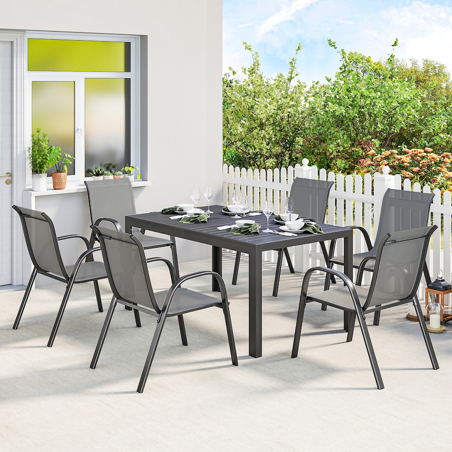 Image 931113_ALTMORE1.jpg, Product 931-113 / Price $519.99, Outsunny Outdoor Dining Set for 6 with Stackable Chairs, Light Grey from Outsunny on TSC.ca's Home & Garden department