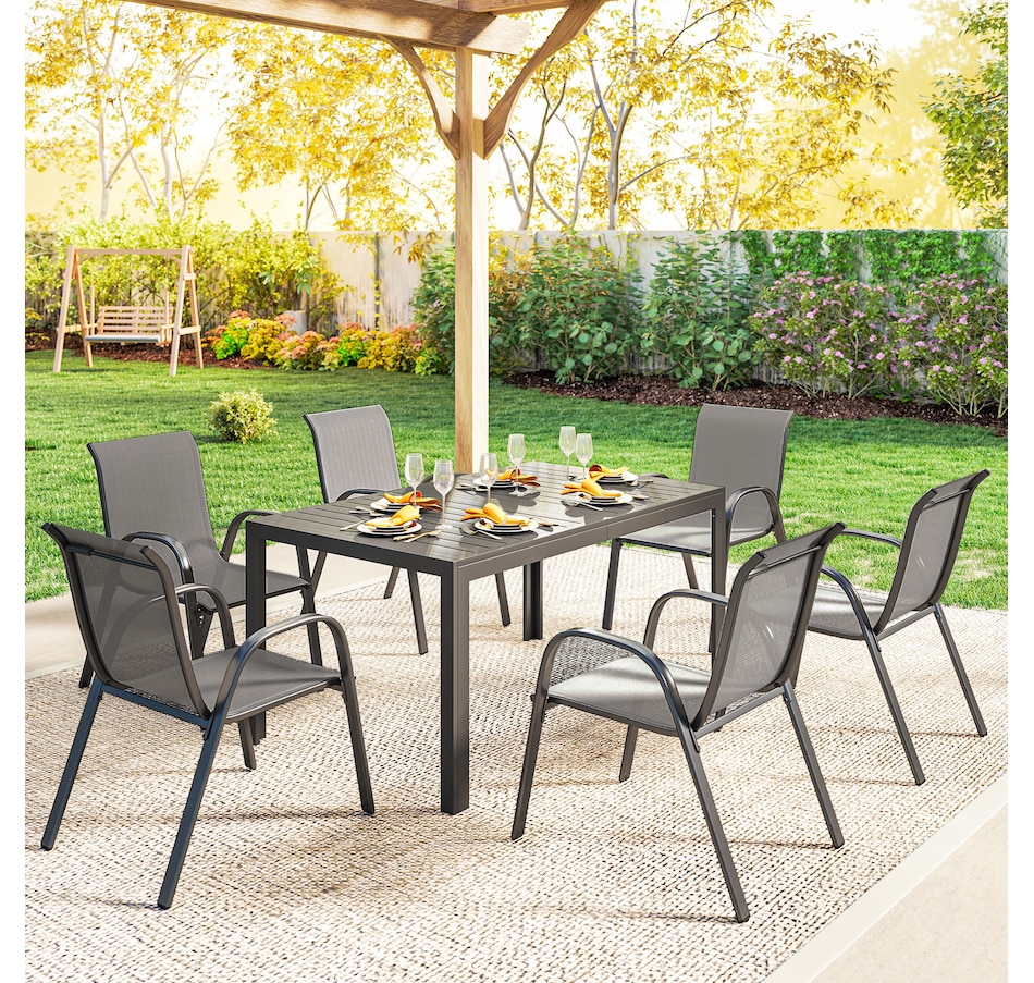 Image 931113_ALTMORE7.jpg, Product 931-113 / Price $519.99, Outsunny Outdoor Dining Set for 6 with Stackable Chairs, Light Grey from Outsunny on TSC.ca's Home & Garden department