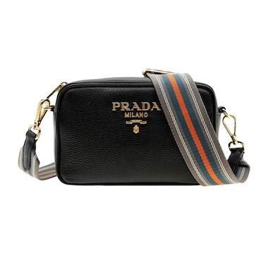 Prada Milano Vitello Phenix Nero Leather Crossbody Bag Web Stripe Strap