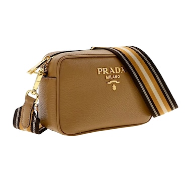 Prada Tan Caramel Leather Crossbody Bag Web Stripe Strap