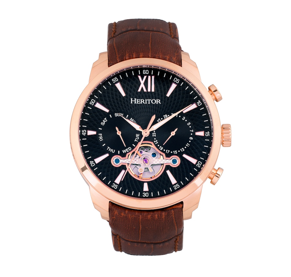 Image 932405_ST01.jpg, Product 932-405 / Price $148.56, Heritor Automatic Arthur Semi-Skeleton Leather-Band Watch w/ Day/Date from Heritor on TSC.ca's Jewellery department