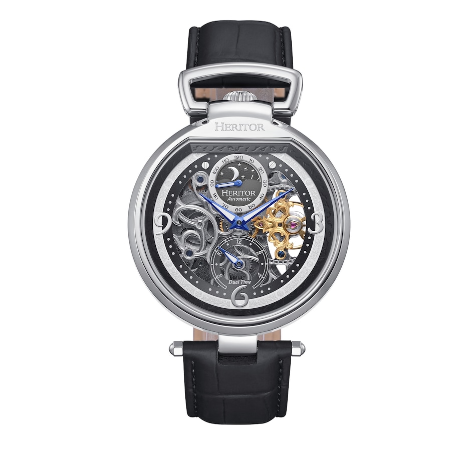 Heritor Automatic Lincoln Leather-Band Skeleton Watch with Moon
