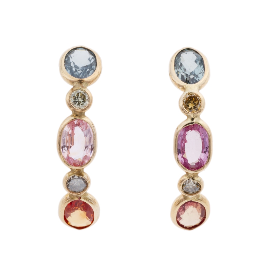Image 933756.jpg, Product 933-756 / Price $899.95, 14K Yellow Gold Triple Sapphire & Fancy Brown-Yellow Diamond Drop Earrings — 2.70ctw Coloured Stone from Estate Jewel Finds on TSC.ca's Jewellery department