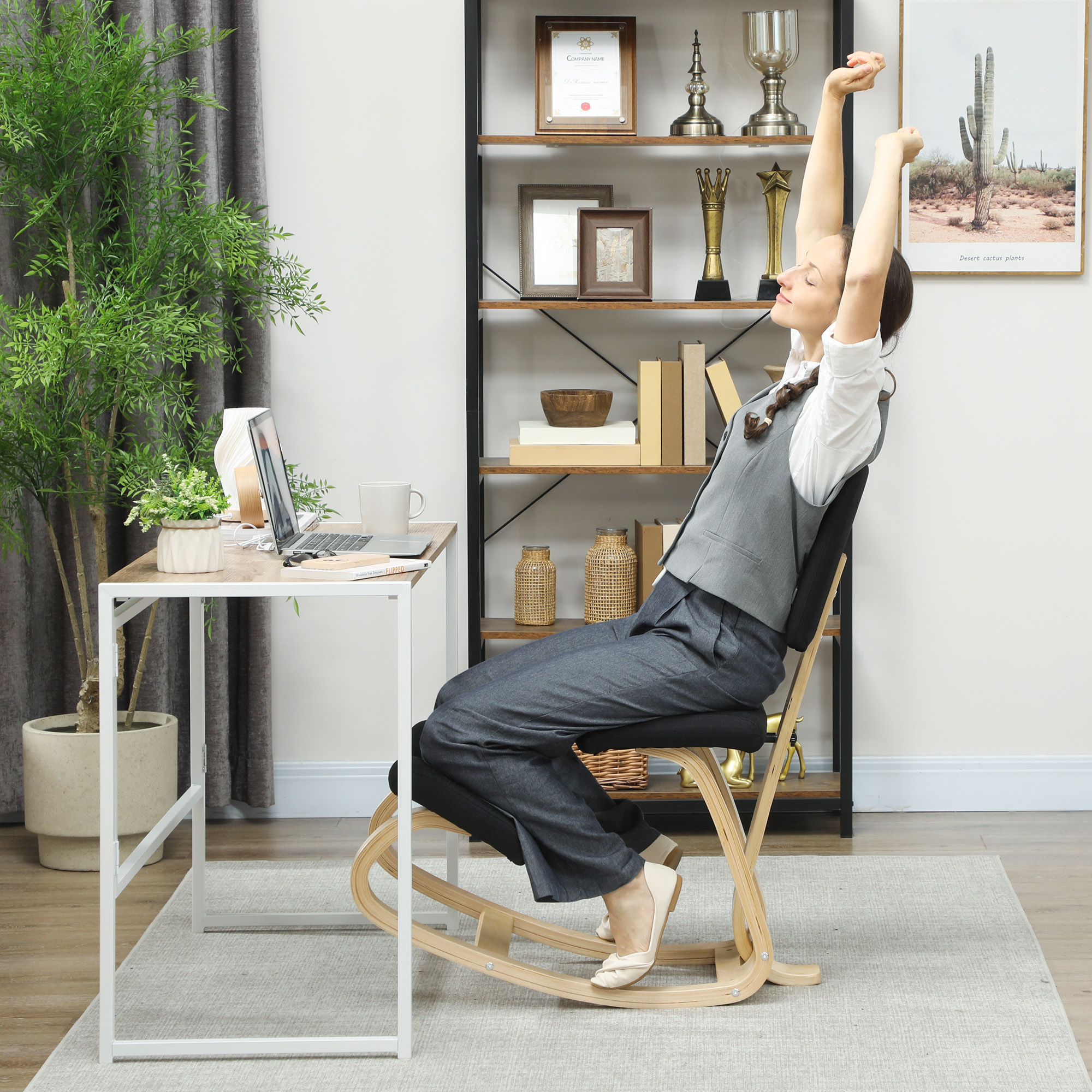 HOMCOM Ergonomic Kneeling Chair, Rocking Wood Kneel Stool, Black