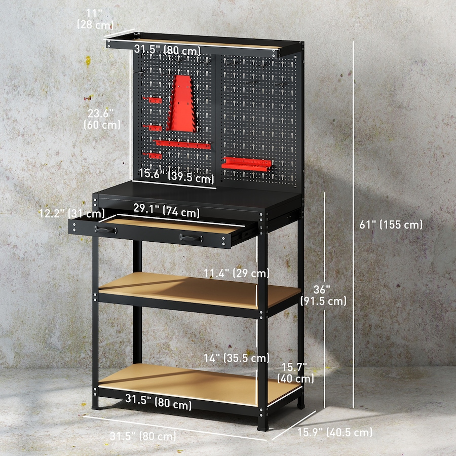 Image 934453_ALTMORE2.jpg, Product 934-453 / Price $159.99, HOMCOM 31.5" Metal Workbench with Pegboard w/ Hanging Kits Shelves Drawer from HOMCOM on TSC.ca's Home & Garden department