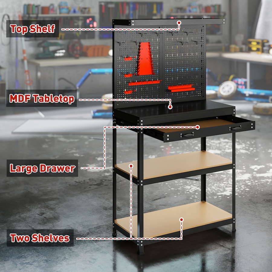 Image 934453_ALTMORE3.jpg, Product 934-453 / Price $159.99, HOMCOM 31.5" Metal Workbench with Pegboard w/ Hanging Kits Shelves Drawer from HOMCOM on TSC.ca's Home & Garden department