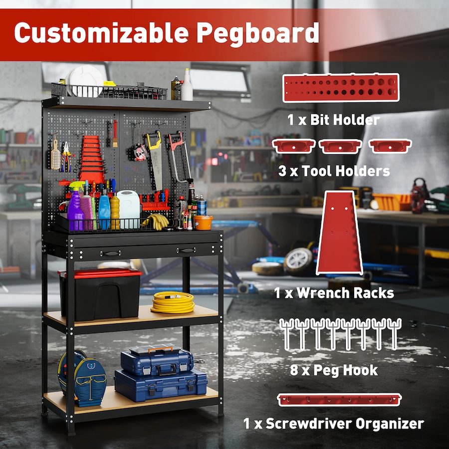 Image 934453_ALTMORE4.jpg, Product 934-453 / Price $159.99, HOMCOM 31.5" Metal Workbench with Pegboard w/ Hanging Kits Shelves Drawer from HOMCOM on TSC.ca's Home & Garden department