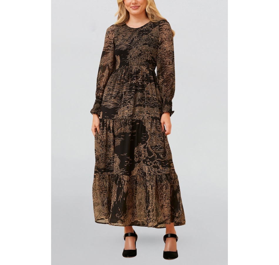 Francesca Women's Smocked Black Midi Dress Bronze Forest Print