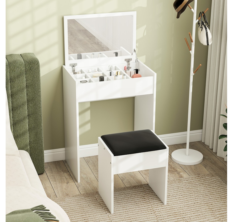 Image 934596_ALTMORE17.jpg, Product 934-596 / Price $119.99 - $129.99, HOMCOM Mirrored Vanity Set Makeup Dressing Desk Stool Set Flip Top Bedroom from HOMCOM on TSC.ca's Beauty department