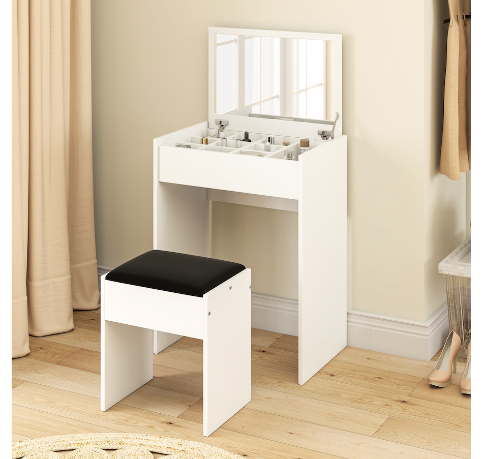 Image 934596_ALTMORE22.jpg, Product 934-596 / Price $119.99 - $129.99, HOMCOM Mirrored Vanity Set Makeup Dressing Desk Stool Set Flip Top Bedroom from HOMCOM on TSC.ca's Beauty department