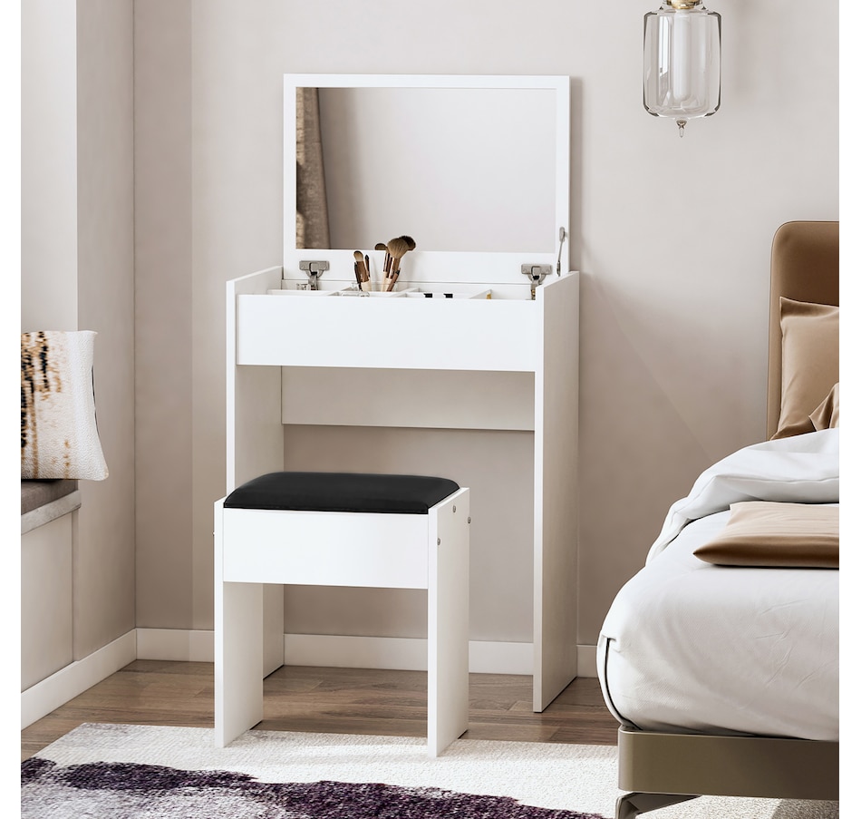 Image 934596_ALTMORE23.jpg, Product 934-596 / Price $119.99 - $129.99, HOMCOM Mirrored Vanity Set Makeup Dressing Desk Stool Set Flip Top Bedroom from HOMCOM on TSC.ca's Beauty department