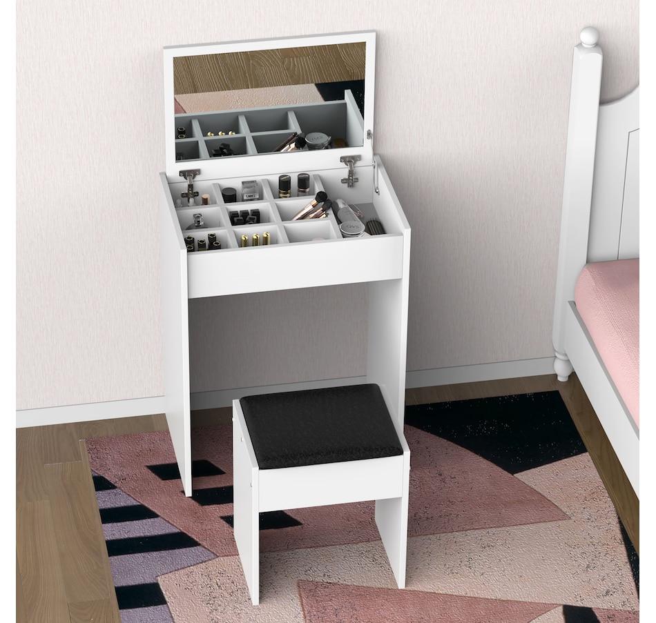 Image 934596_ALTMORE24.jpg, Product 934-596 / Price $119.99 - $129.99, HOMCOM Mirrored Vanity Set Makeup Dressing Desk Stool Set Flip Top Bedroom from HOMCOM on TSC.ca's Beauty department
