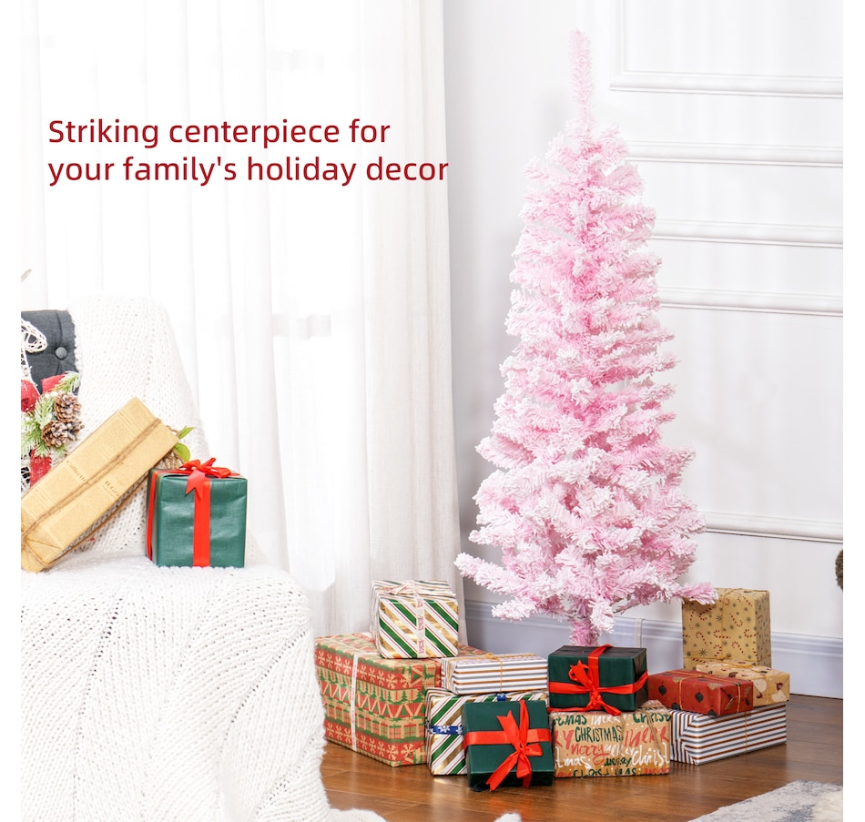 Image 934689_ALTMORE27.jpg, Product 934-689 / Price $74.99, HOMCOM Snow Flocked Pencil Artificial Christmas Tree with Steel Base Pink from HOMCOM on TSC.ca's Home & Garden department