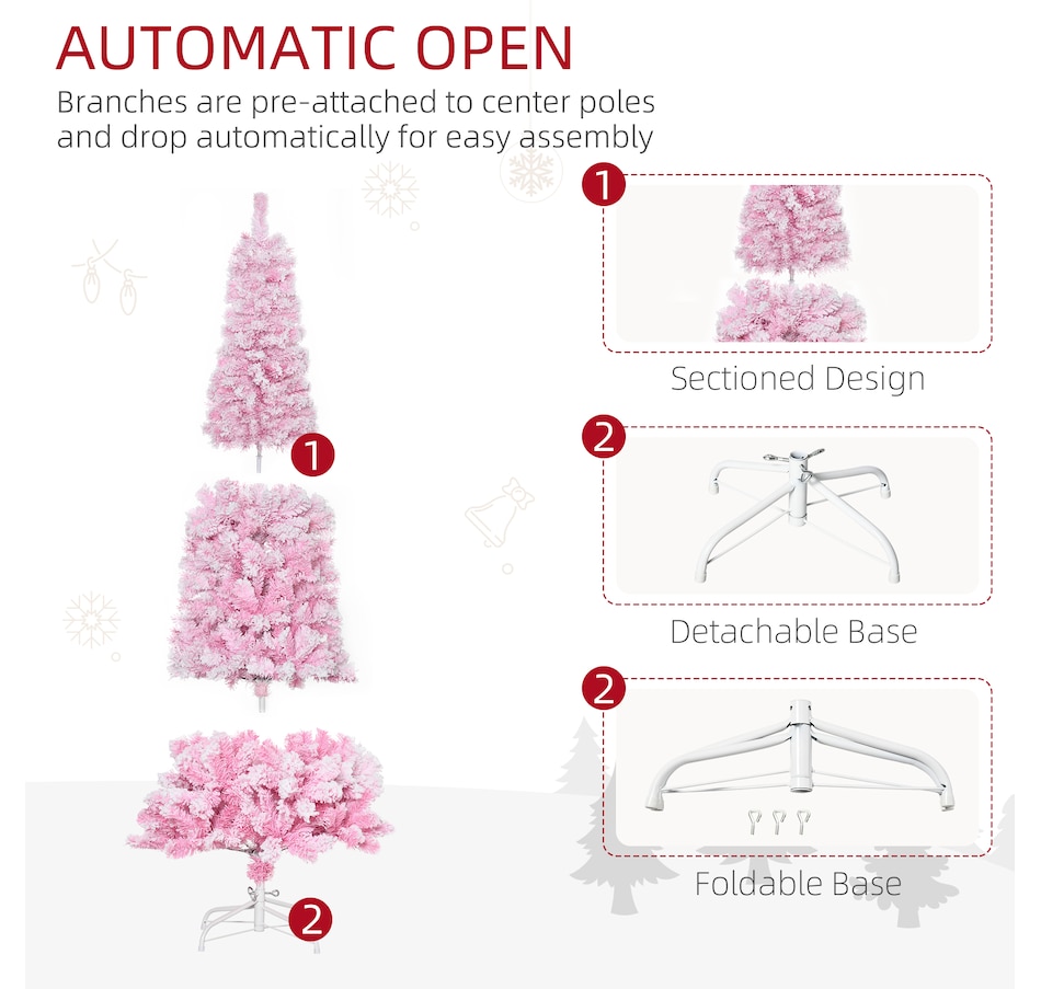 Image 934689_ALTMORE5.jpg, Product 934-689 / Price $74.99, HOMCOM Snow Flocked Pencil Artificial Christmas Tree with Steel Base Pink from HOMCOM on TSC.ca's Home & Garden department