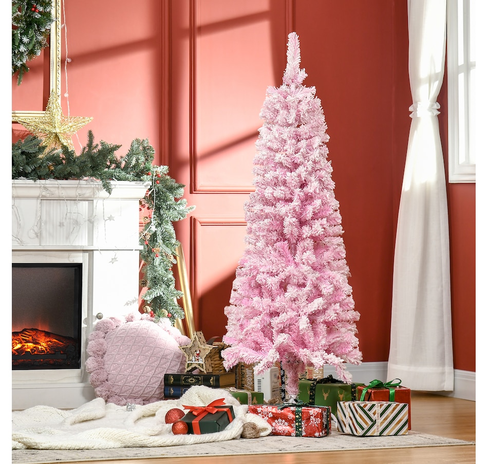 Image 934689_ALTMORE9.jpg, Product 934-689 / Price $74.99, HOMCOM Snow Flocked Pencil Artificial Christmas Tree with Steel Base Pink from HOMCOM on TSC.ca's Home & Garden department