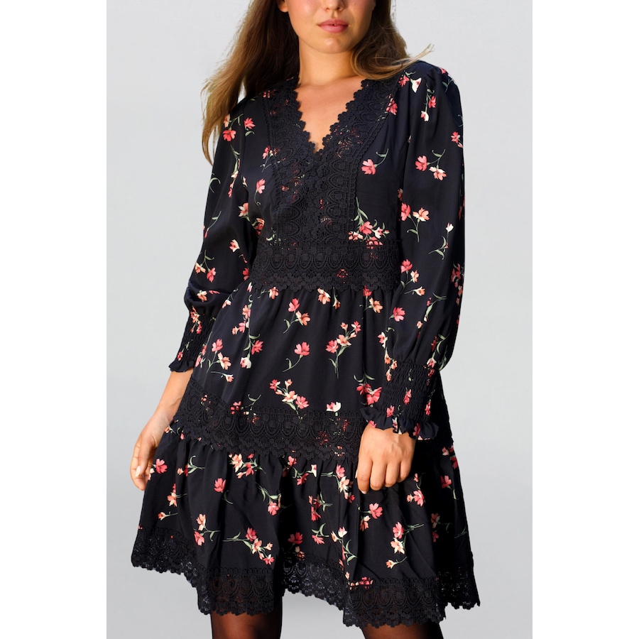 Image 934699_ALTMORE1.png, Product 934-699 / Price $98.95, Agnes Tiered Black Mini Dress Pink Floral Print Lace Trim from ANNICK on TSC.ca's Fashion department