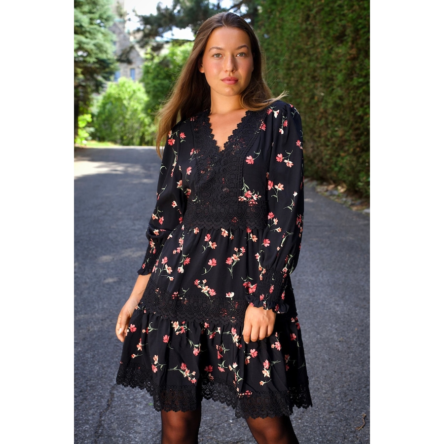 Image 934699_ALTMORE2.jpg, Product 934-699 / Price $98.95, Agnes Tiered Black Mini Dress Pink Floral Print Lace Trim from ANNICK on TSC.ca's Fashion department