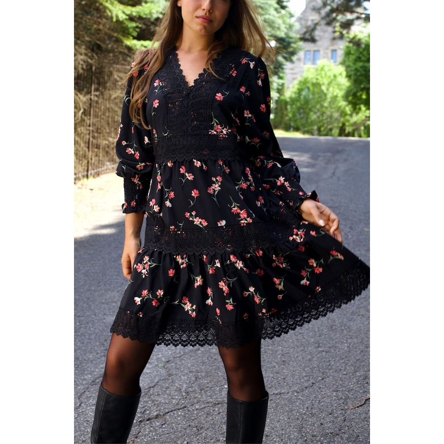 Image 934699_ALTMORE3.jpg, Product 934-699 / Price $98.95, Agnes Tiered Black Mini Dress Pink Floral Print Lace Trim from ANNICK on TSC.ca's Fashion department