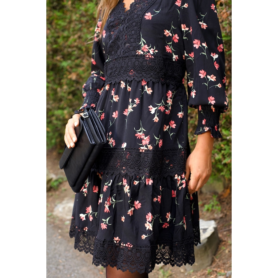 Image 934699_ALTMORE4.jpg, Product 934-699 / Price $98.95, Agnes Tiered Black Mini Dress Pink Floral Print Lace Trim from ANNICK on TSC.ca's Fashion department