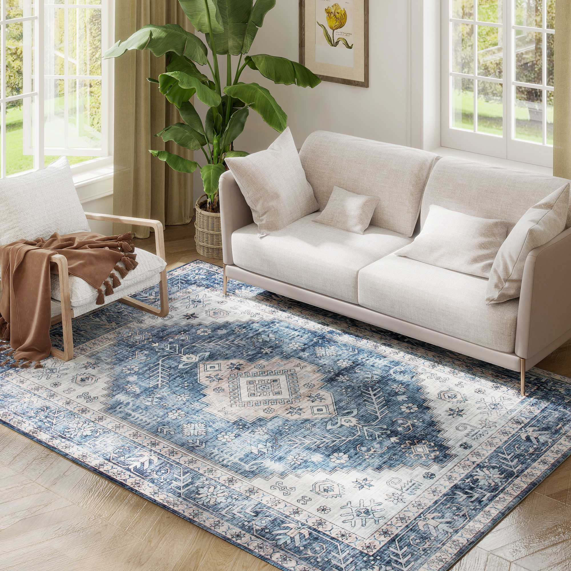 HOMCOM Area Rug, Vintage Machine Washable Rug for Living Room