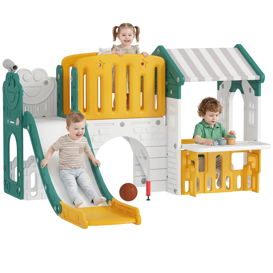 Image 934727.jpg, Product 934-727 / Price $229.99, Qaba 7-in-1 Toddler Slide with Playhouse and Basketball Hoop, Kids Slide Climber Playset for Indoor Play, Yellow from Qaba on TSC.ca's Home & Garden department