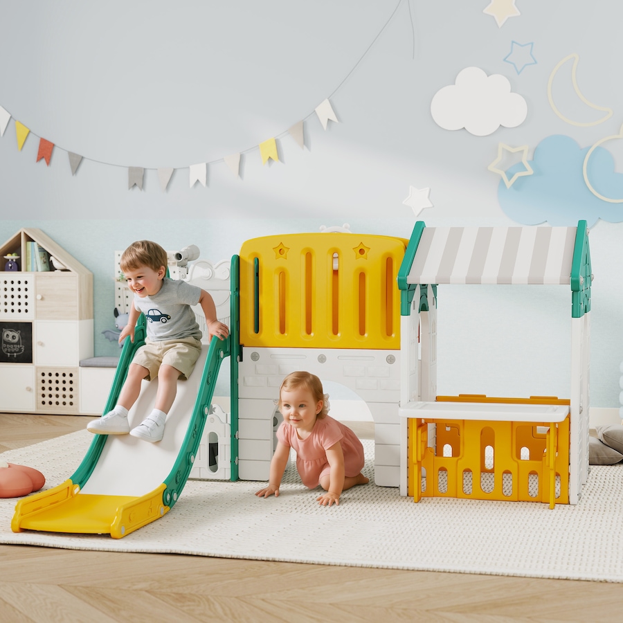 Image 934727_ALTMORE1.jpg, Product 934-727 / Price $229.99, Qaba 7-in-1 Toddler Slide with Playhouse and Basketball Hoop, Kids Slide Climber Playset for Indoor Play, Yellow from Qaba on TSC.ca's Home & Garden department