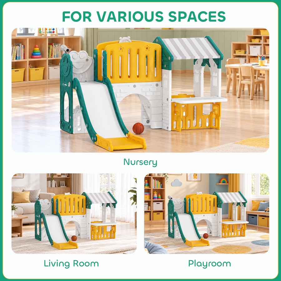 Image 934727_ALTMORE10.jpg, Product 934-727 / Price $229.99, Qaba 7-in-1 Toddler Slide with Playhouse and Basketball Hoop, Kids Slide Climber Playset for Indoor Play, Yellow from Qaba on TSC.ca's Home & Garden department