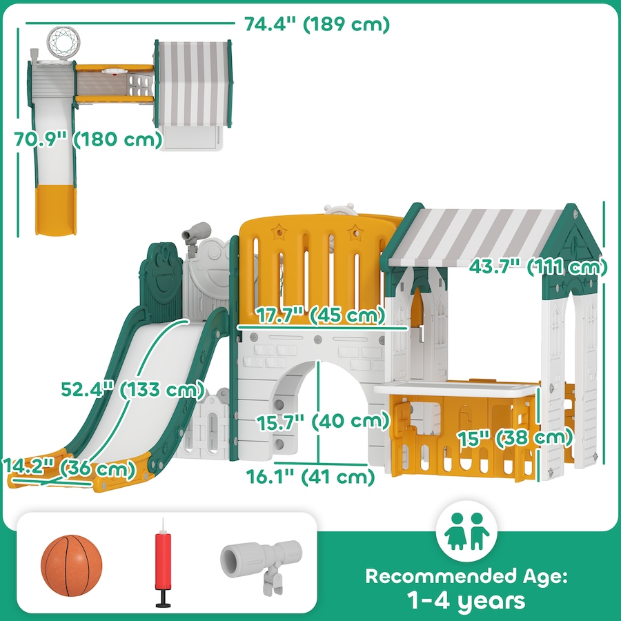 Image 934727_ALTMORE2.jpg, Product 934-727 / Price $229.99, Qaba 7-in-1 Toddler Slide with Playhouse and Basketball Hoop, Kids Slide Climber Playset for Indoor Play, Yellow from Qaba on TSC.ca's Home & Garden department
