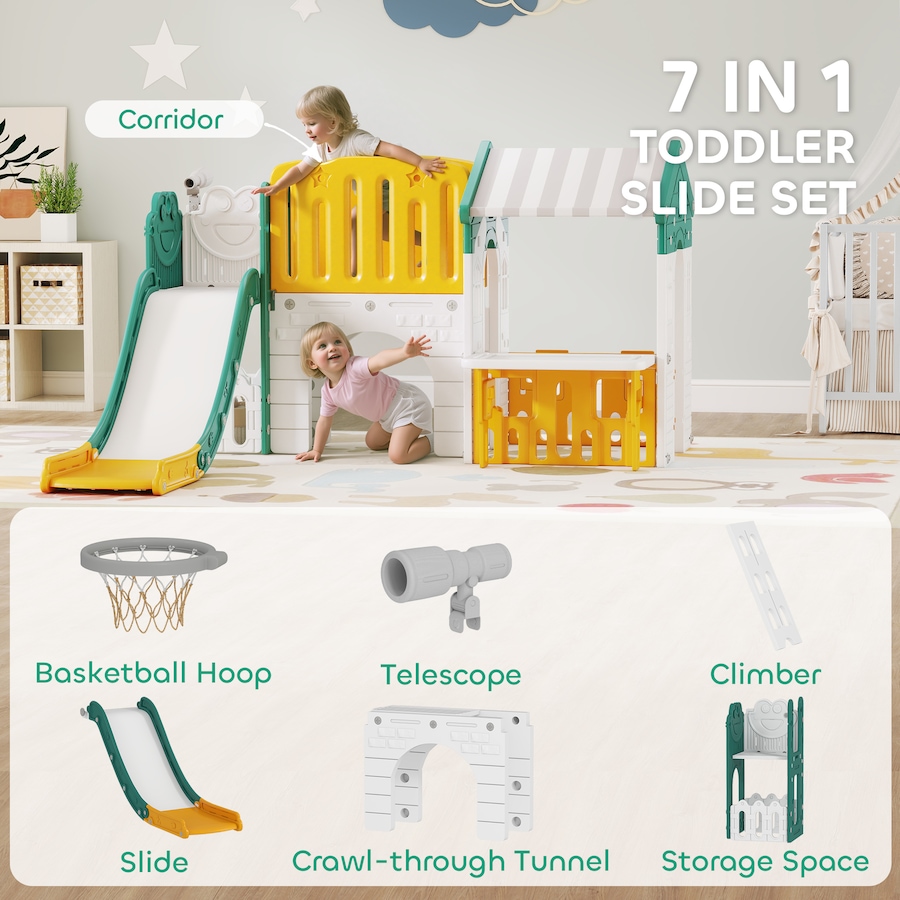 Image 934727_ALTMORE3.jpg, Product 934-727 / Price $229.99, Qaba 7-in-1 Toddler Slide with Playhouse and Basketball Hoop, Kids Slide Climber Playset for Indoor Play, Yellow from Qaba on TSC.ca's Home & Garden department