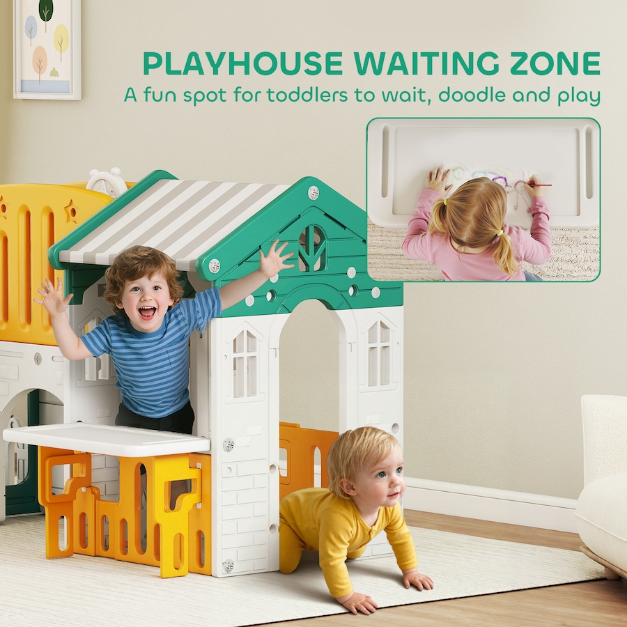 Image 934727_ALTMORE5.jpg, Product 934-727 / Price $229.99, Qaba 7-in-1 Toddler Slide with Playhouse and Basketball Hoop, Kids Slide Climber Playset for Indoor Play, Yellow from Qaba on TSC.ca's Home & Garden department