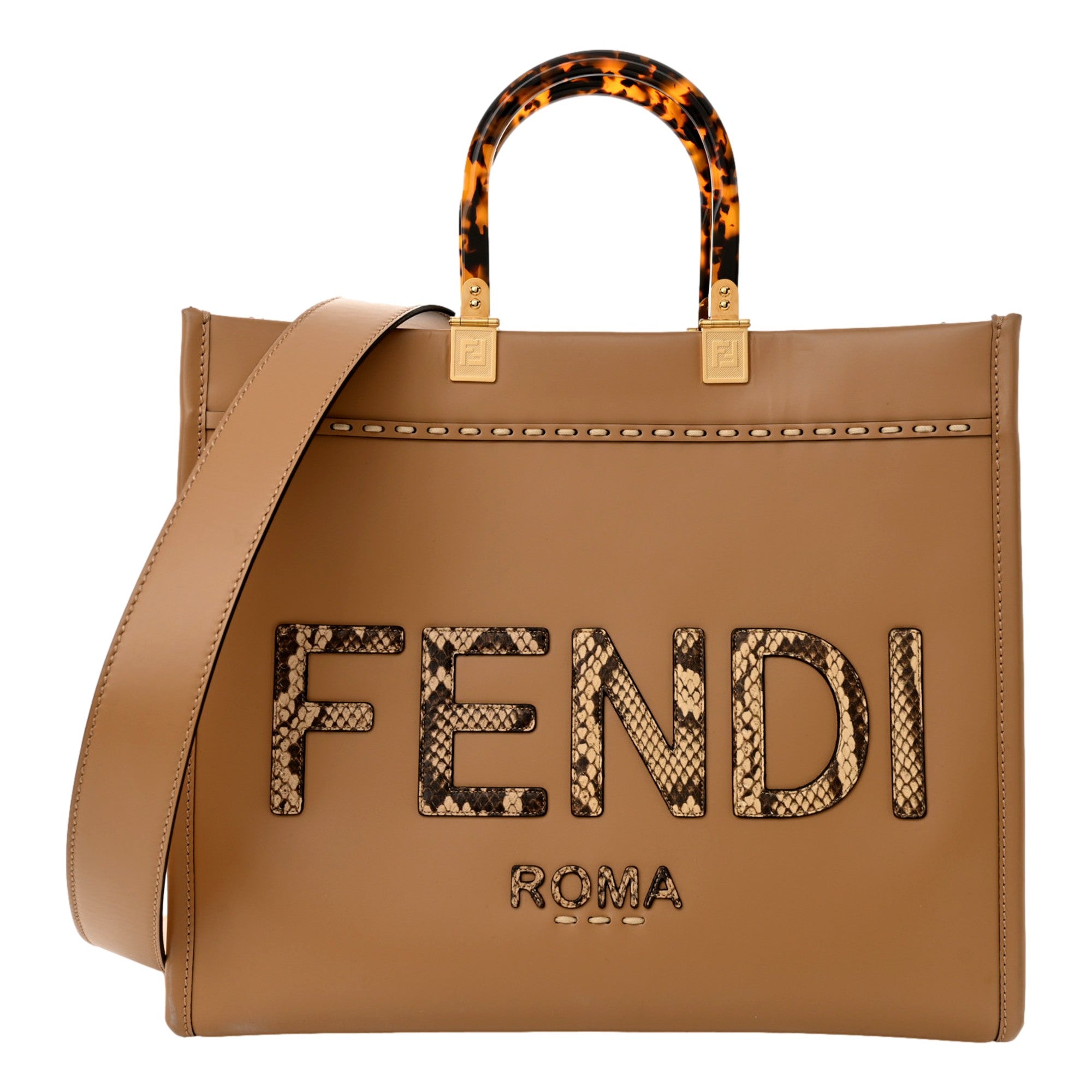 フェンディ  パイソン Fendi Sunshine Tan Leather Snake Print Logo Large Tote - TSC.ca