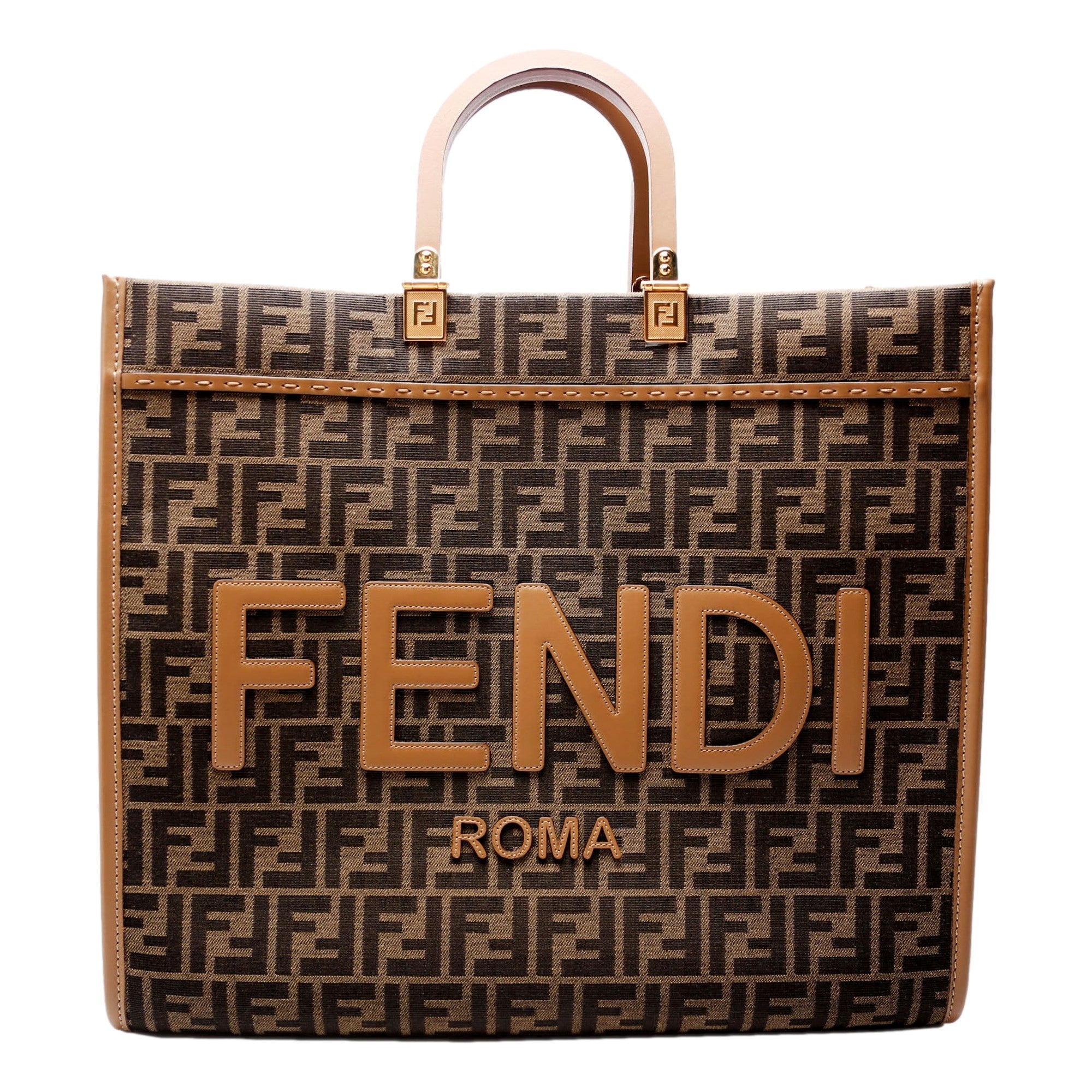 Fendi Sunshine Large Zucca Jacquard Canvas and Brown Leather Top