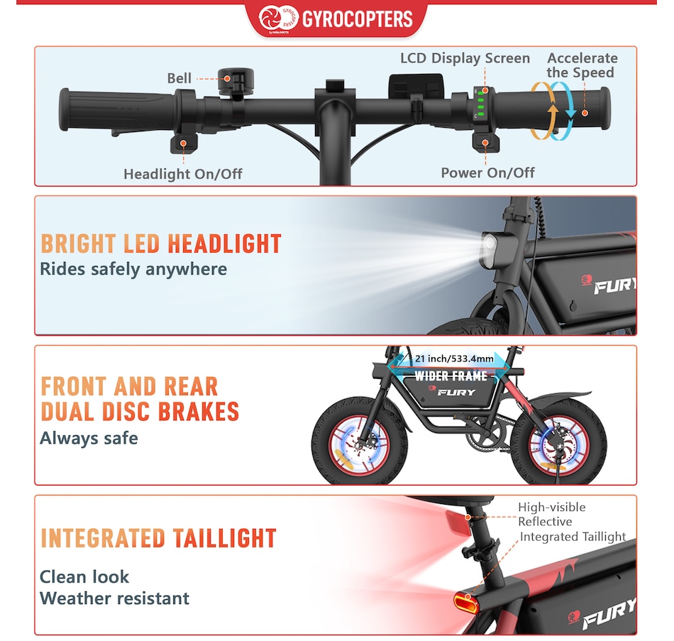 Image 934750_ALTMORE3.jpg, Product 934-750 / Price $599.99, Gyrocopters Fury Electric Bike for Adults/Teens | UL2849 Safe Folding Ebike | 400W Peak Motor 14 * 3 Inch Wear Resistant Fat Tire | Speed up to 25 km/h | Range up to 58Km | Compact Lightweight Bike from Gyrocopters on TSC.ca's Health & Fitness department