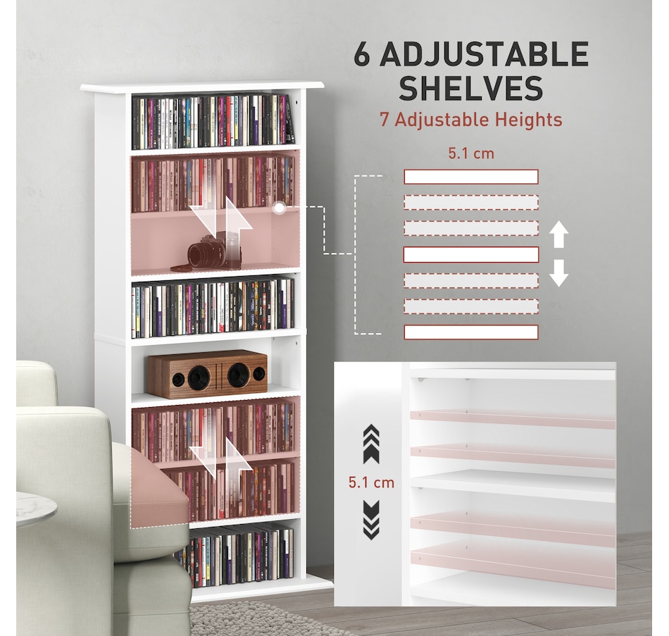 Image 934893_ALTMORE4.jpg, Product 934-893 / Price $129.99, HOMCOM Media Storage Cabinet 8-Tier DVD Shelf w/ Adjustable Shelves White from HOMCOM on TSC.ca's department