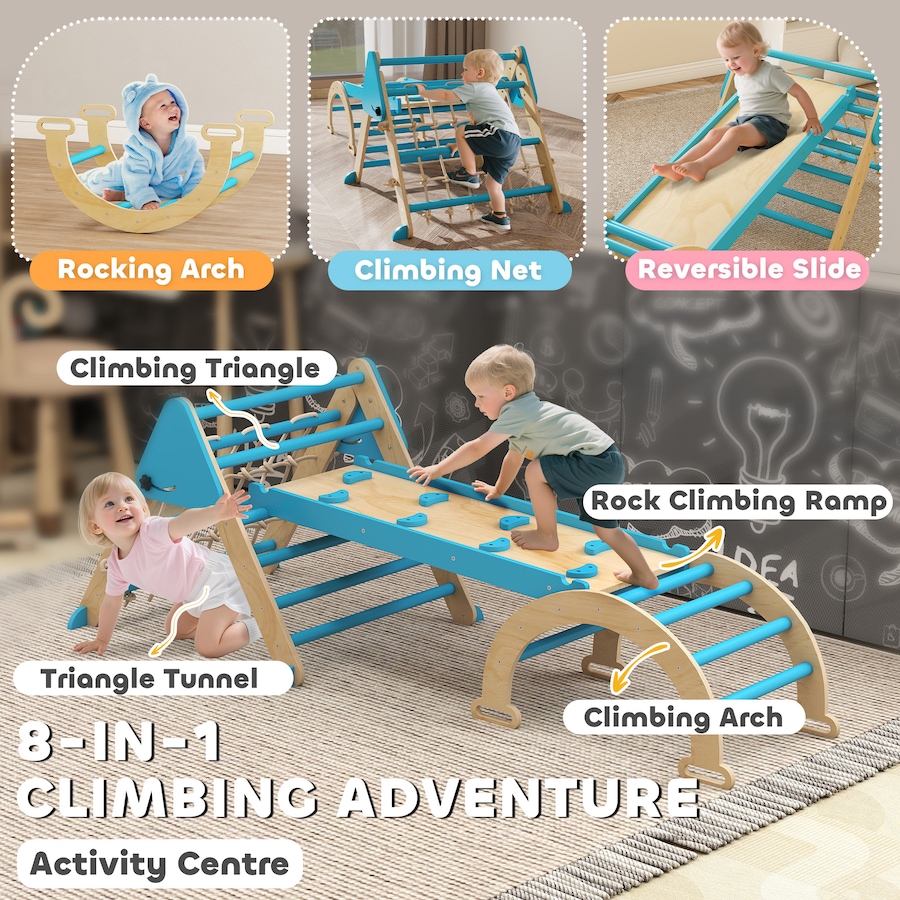 Image 934908_ALTMORE3.jpg, Product 934-908 / Price $105.99, Qaba 8-in-1 Foldable Pikler Triangle Set with Arch, Ramp and Ladder, Blue from Qaba on TSC.ca's Home & Garden department