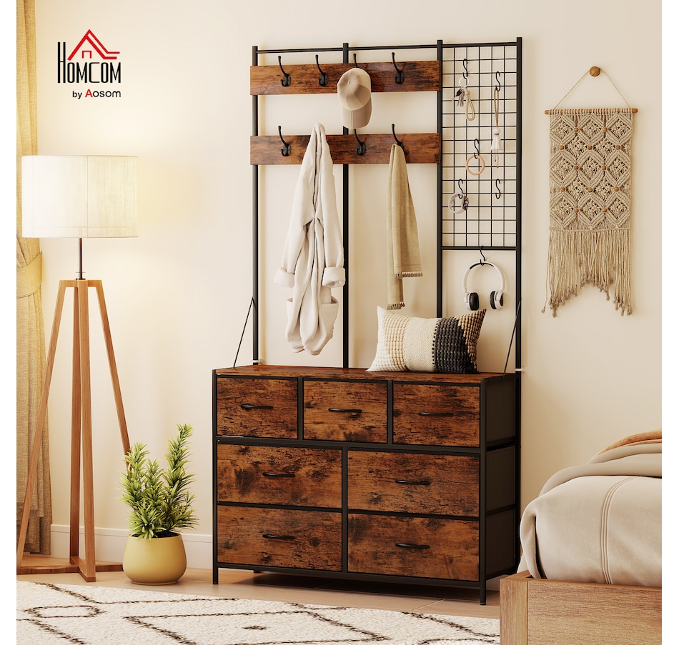 Image 934917_ALTMORE1.jpg, Product 934-917 / Price $126.99, HOMCOM 4-In-1 Hall Tree with 7 Drawer Fabric Dresser Coat Rack Rustic Brown from HOMCOM on TSC.ca's Home & Garden department